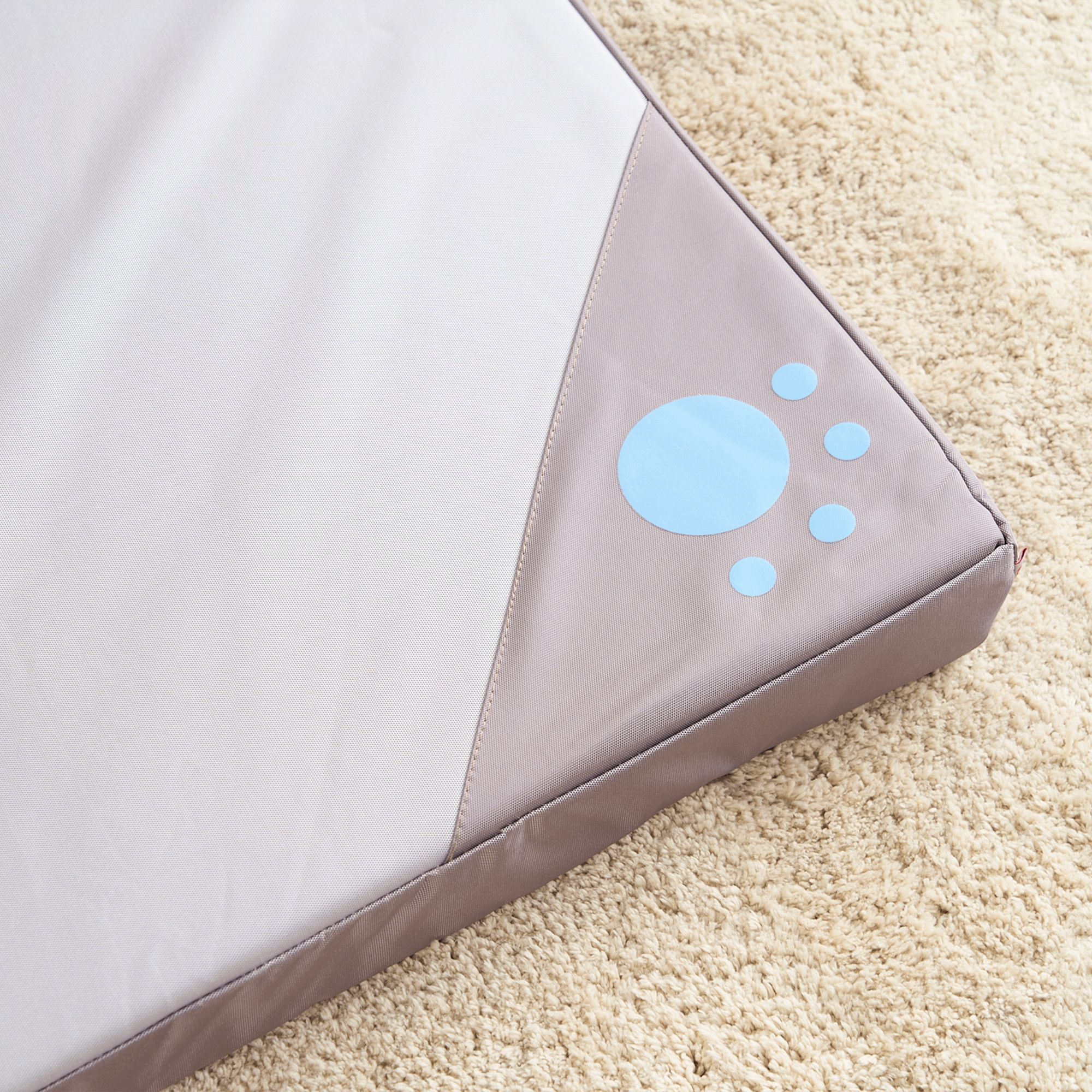 Moderne beige Haustiermatte mit blauem Pfotenabdruck auf Teppichboden.