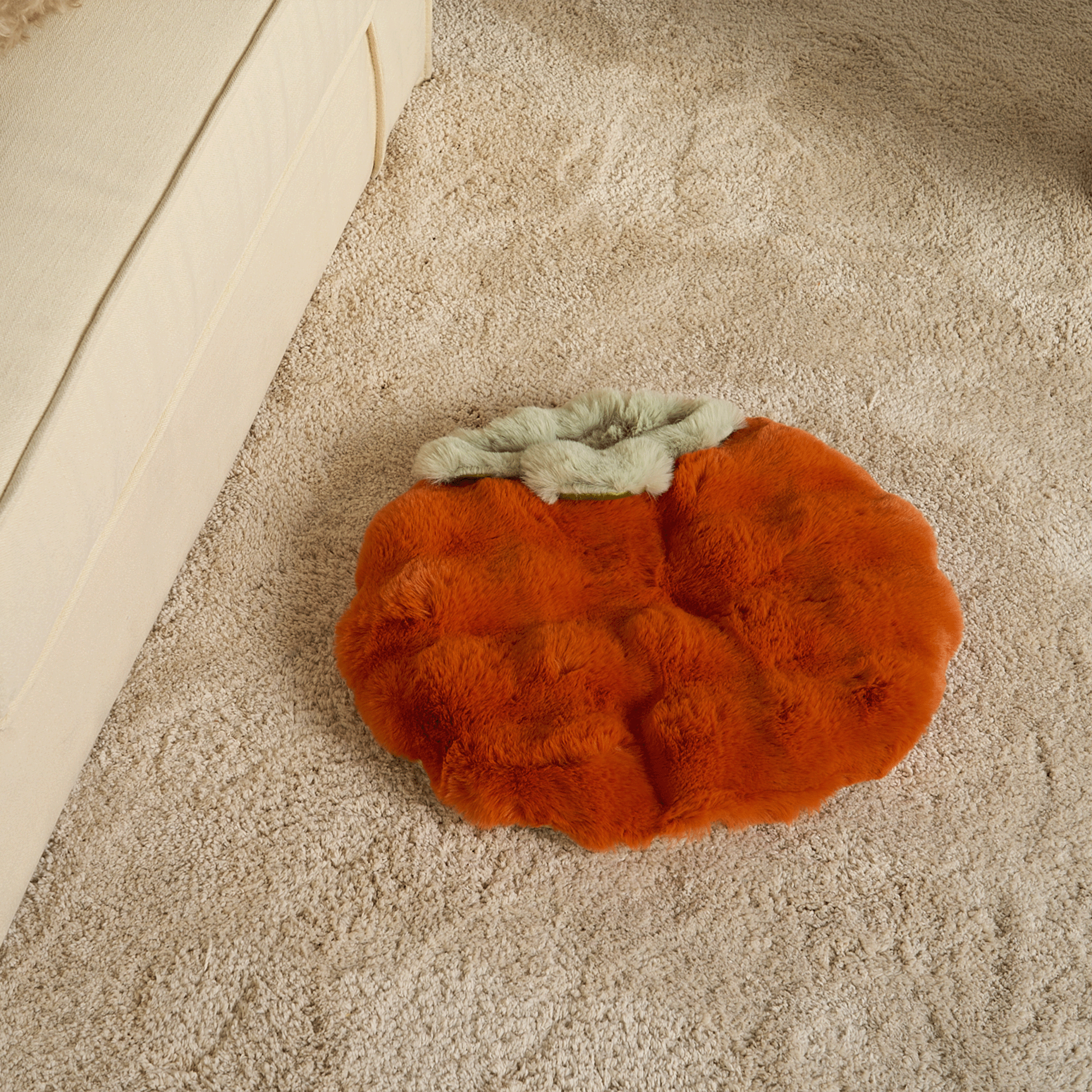 Orangefarbene, runde Schlafmatte aus Kunstfell auf beigem Teppich neben Sofa.