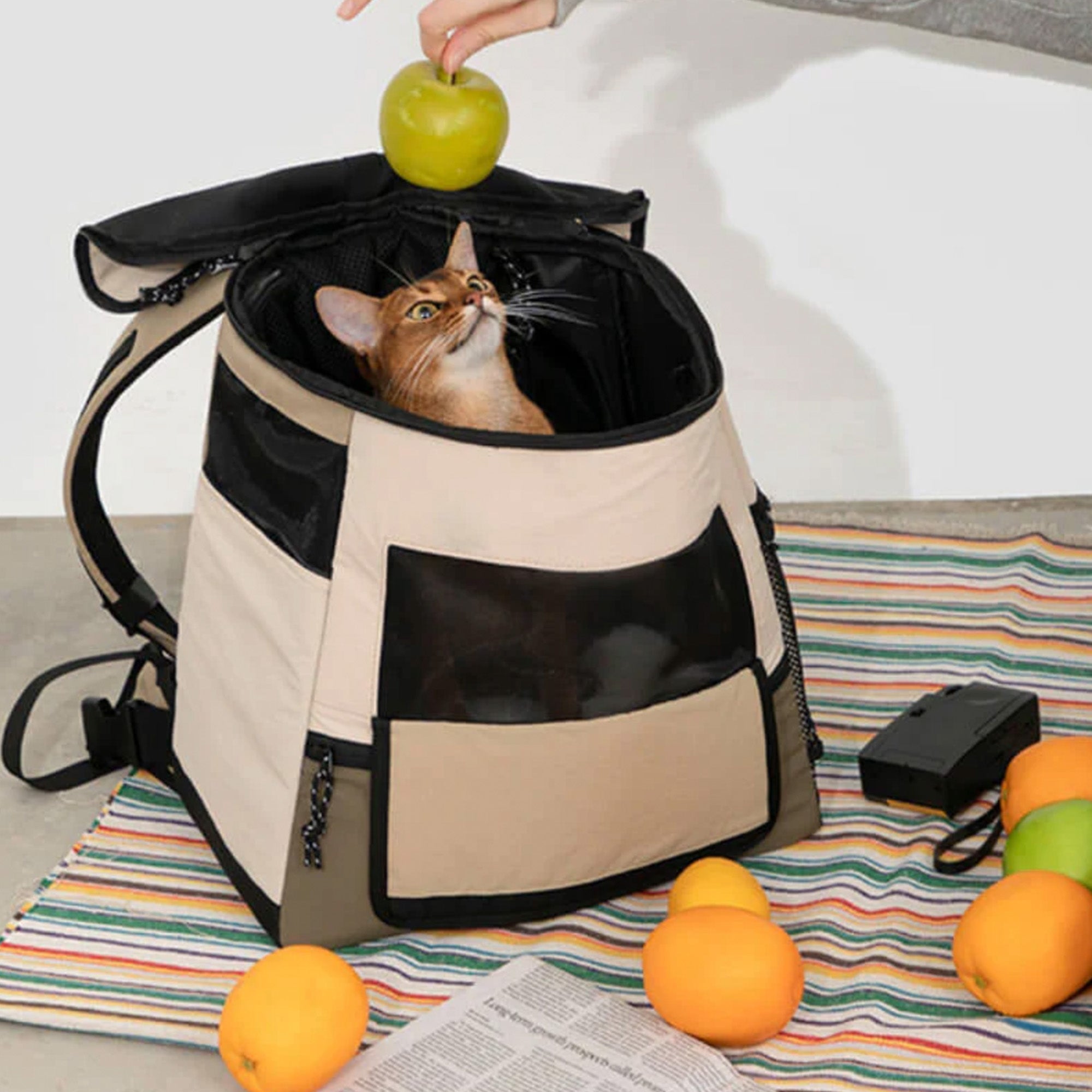 Wasserdichter Katzenrucksack, tragbar, beige, mit Netzfenster, ideal für Reisen und Outdoor.