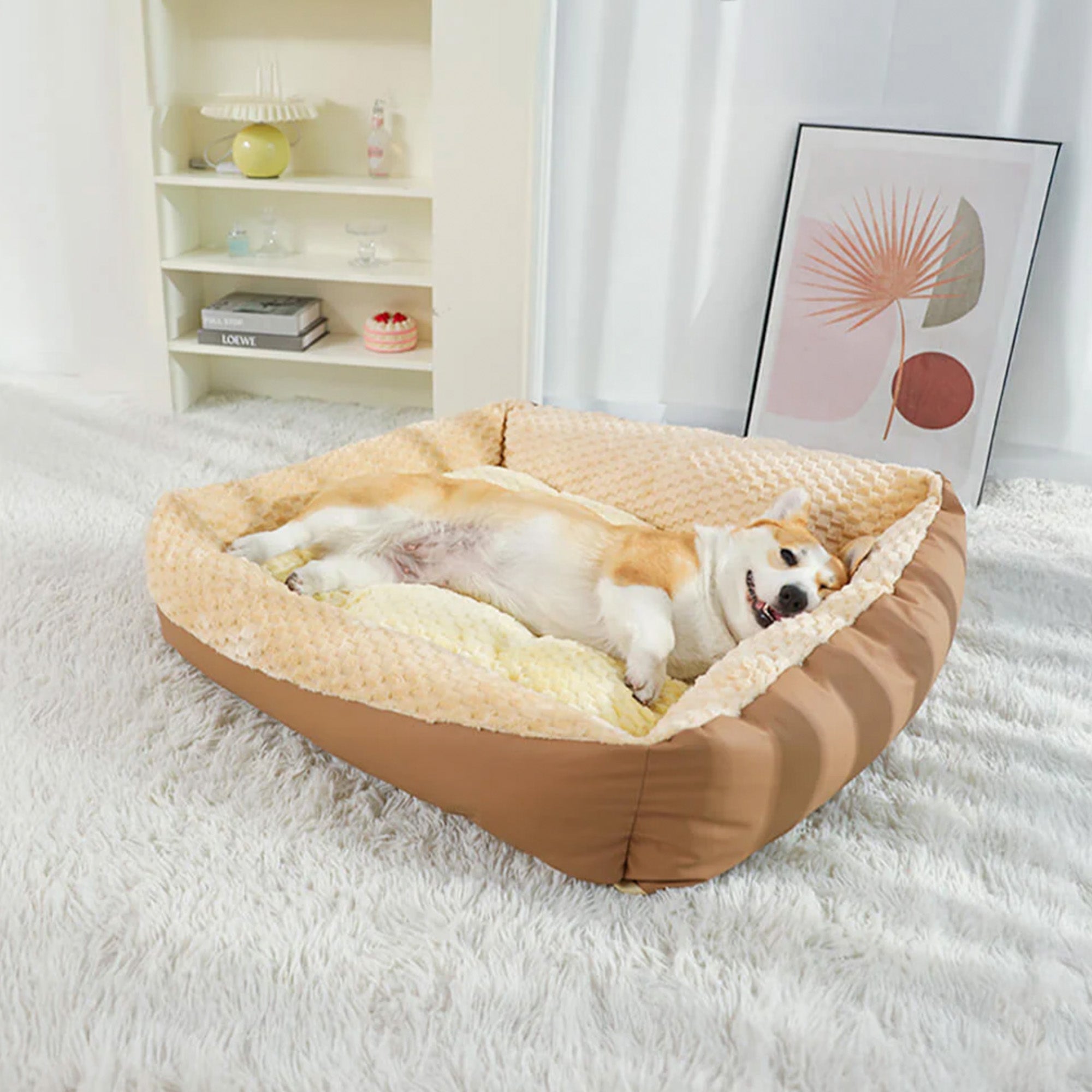 Gemütliches, orthopädisches Hundebett, beige, plüschig, hoher Rand, ideal für Haustiere.