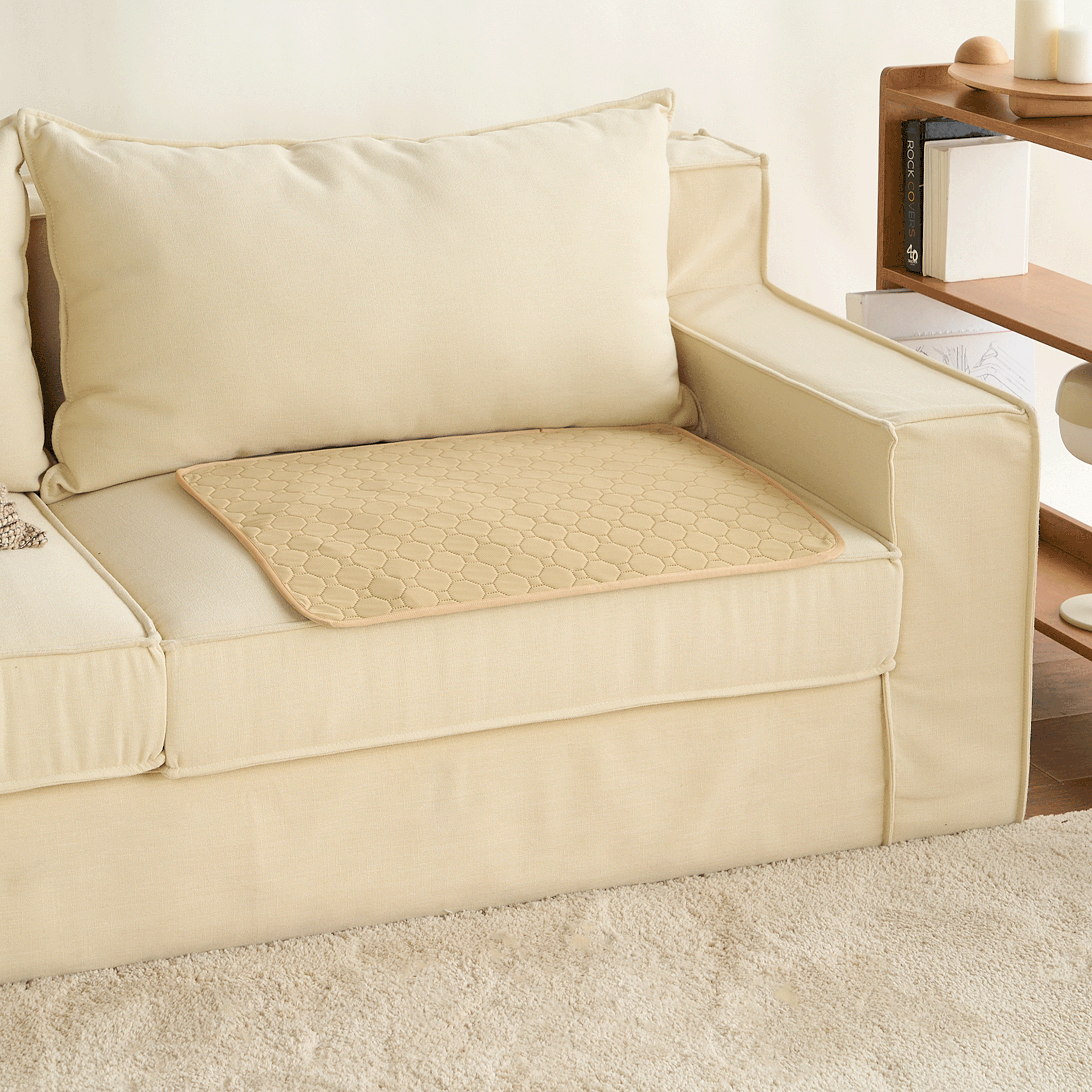 Beige waschbare Hundematte auf cremefarbenem Sofa, rutschfest, umweltfreundlich.