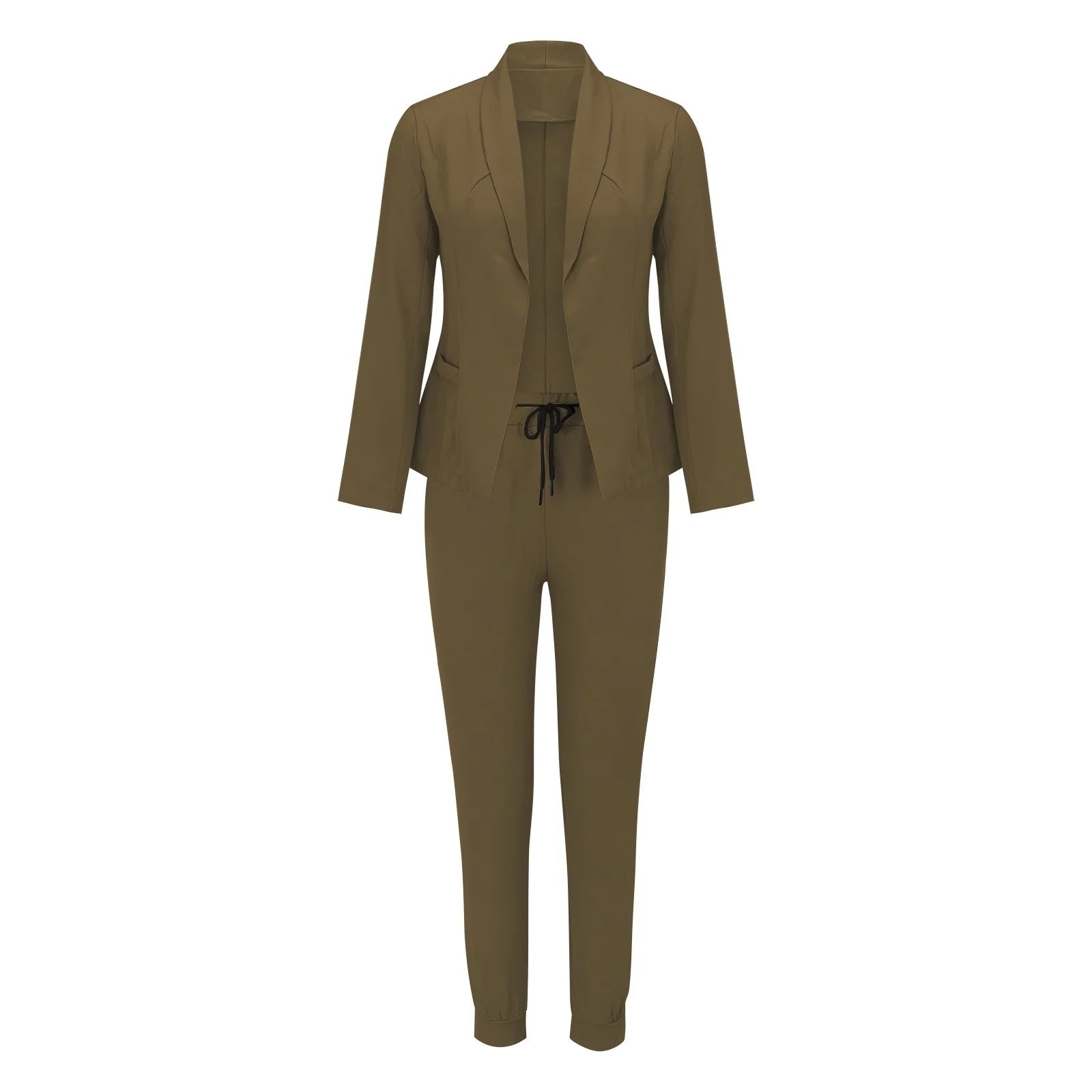 Damen-Jumpsuit in Olivgrün, elegantes Design, langärmlig, mit Kordelzug, ideal für Büro und Freizeit. Modetrend 2023, bequem und stilvoll.
