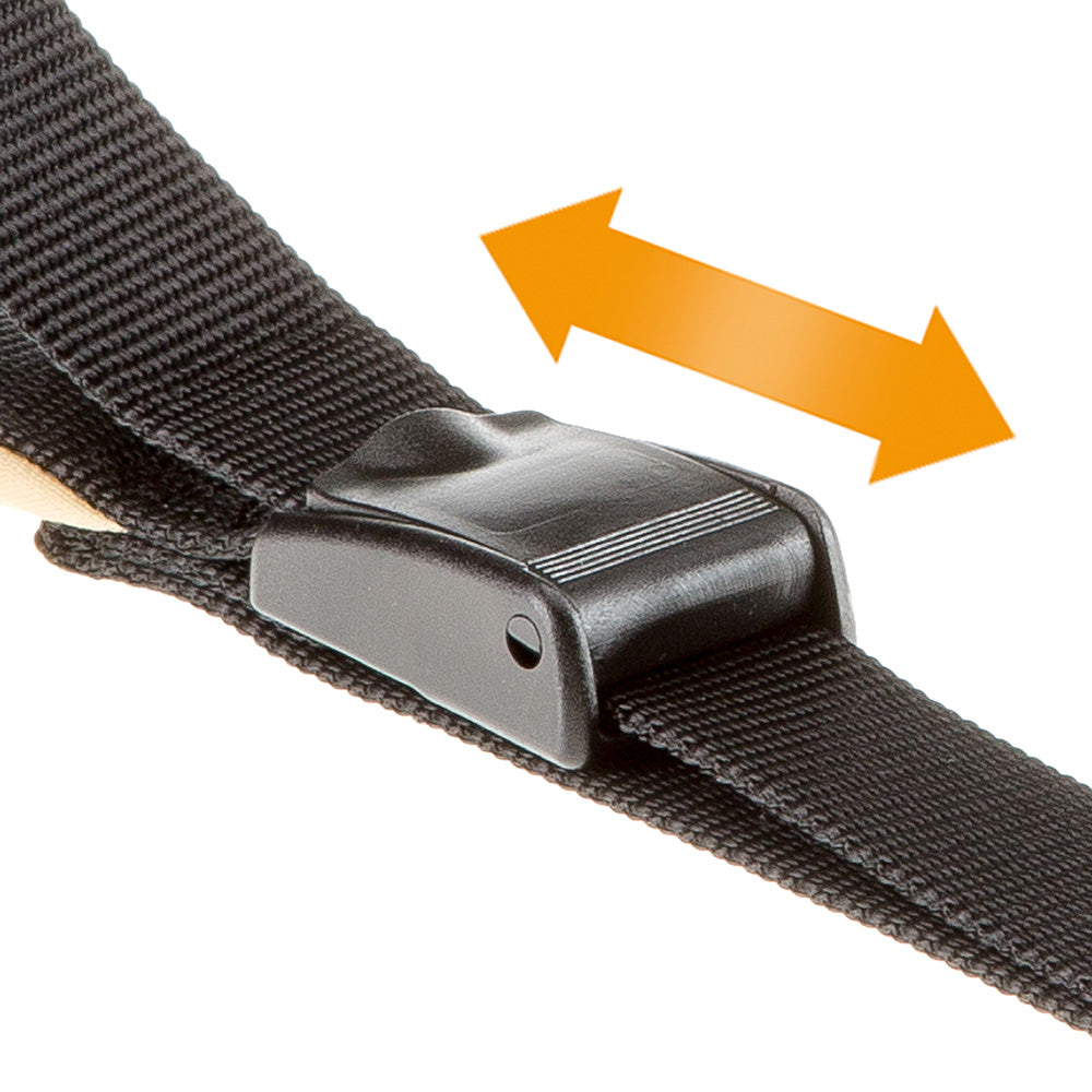 Schwarzer Kunststoff-Gurtversteller auf robustem Nylonband, ideal für Rucksäcke und Taschen. Verstellbare Schnalle, langlebig und vielseitig.