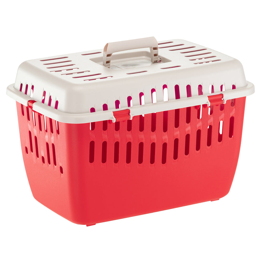 Rote Transportbox für Haustiere mit weißem Deckel, ideal für Katzen und kleine Hunde. Robustes Design, Belüftungsschlitze, praktischer Tragegriff.