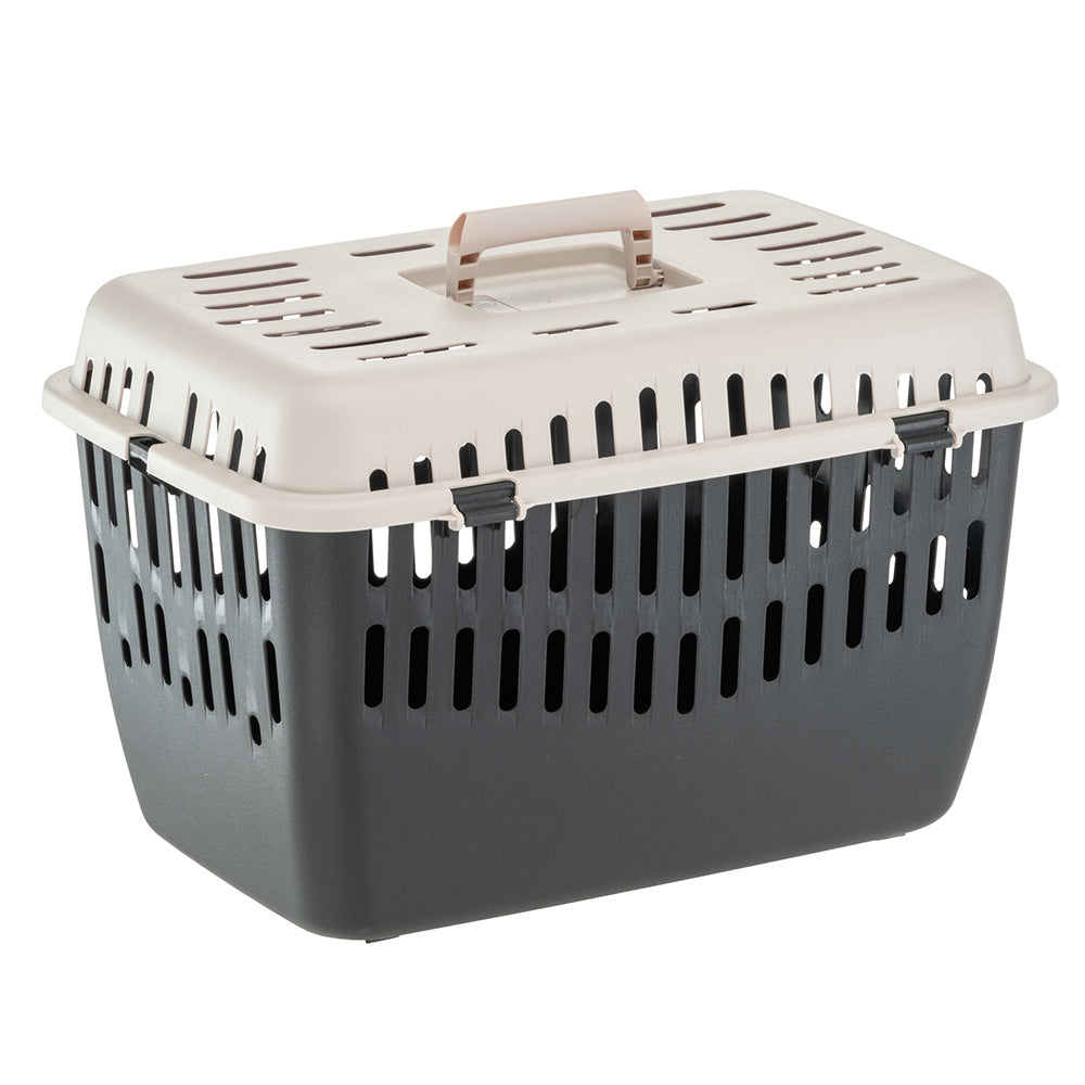 Transportbox für Haustiere, robust und belüftet, ideal für Katzen und kleine Hunde. Praktischer Tragegriff, sicherer Verschluss, leicht zu reinigen.