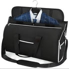 Schwarze Kleidersack-Reisetasche mit Anzug, Hemd und Krawatte, ideal für Geschäftsreisen.