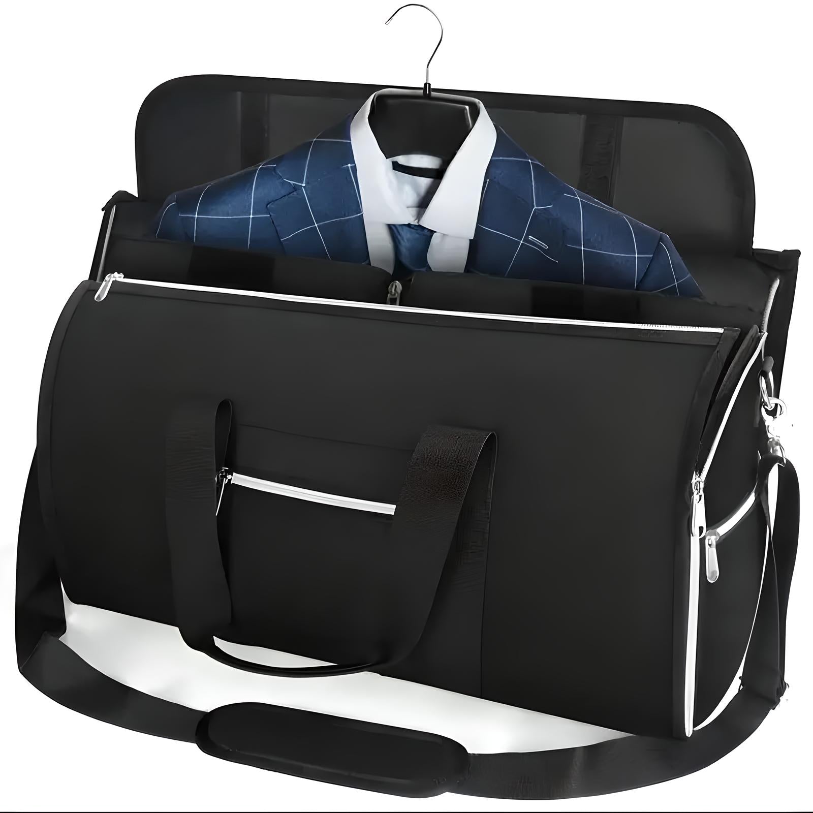 Schwarze Kleidersack-Reisetasche mit Anzug, Hemd und Krawatte, ideal für Geschäftsreisen.