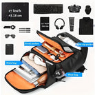 Multifunktionaler schwarzer Rucksack mit Laptopfach, Schuhfach und mehreren Taschen.