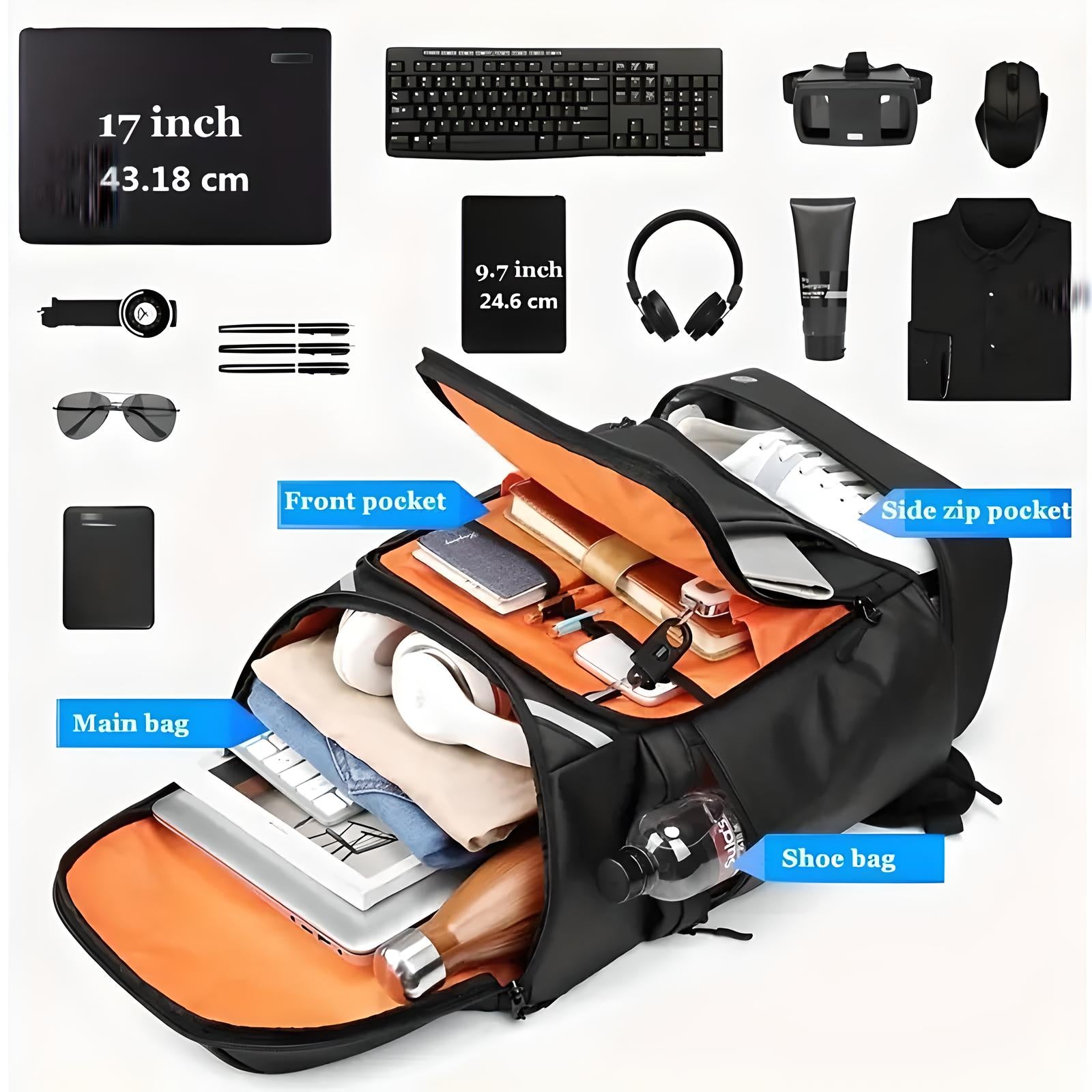 Multifunktionaler schwarzer Rucksack mit Laptopfach, Schuhfach und mehreren Taschen.