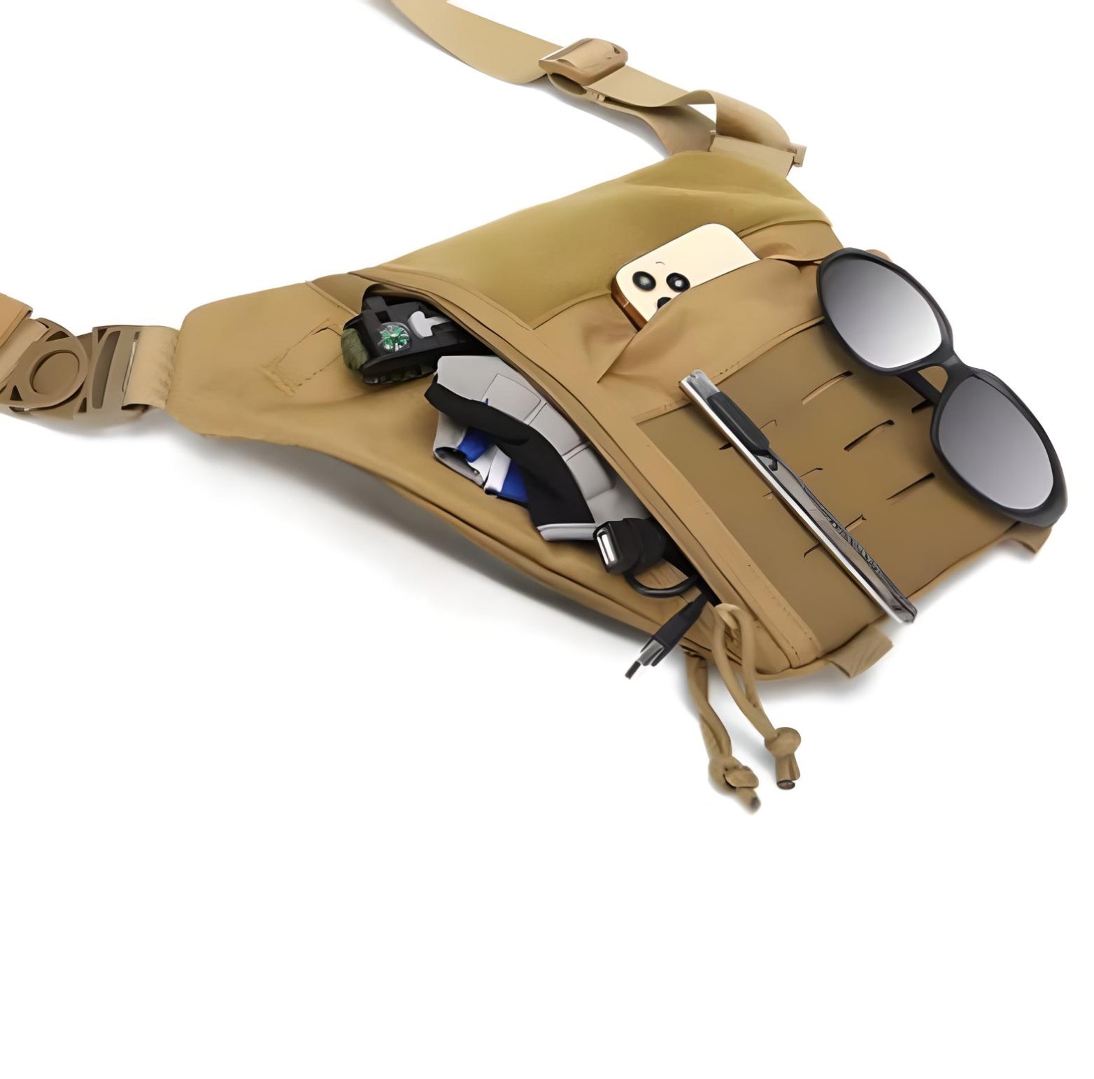 Beige Gürteltasche mit Sonnenbrille, Smartphone und Zubehör, ideal für Reisen und Alltag.
