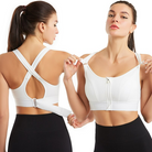 Weiße Damen-Sport-BH mit Reißverschluss, Fitness-Top, Push-up, Plus-Size, Sportbekleidung.