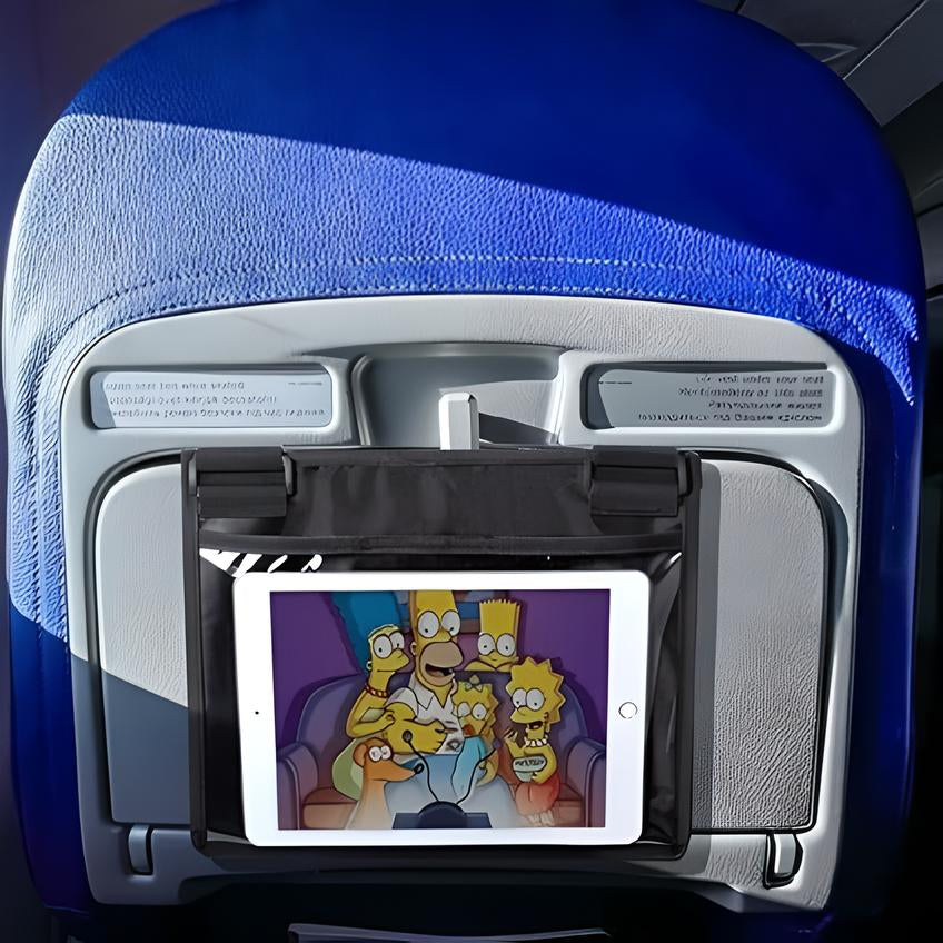 Tablet-Halterung Flugzeugsitz, zeigt "Die Simpsons", blaues Kunstleder, Unterhaltung unterwegs.