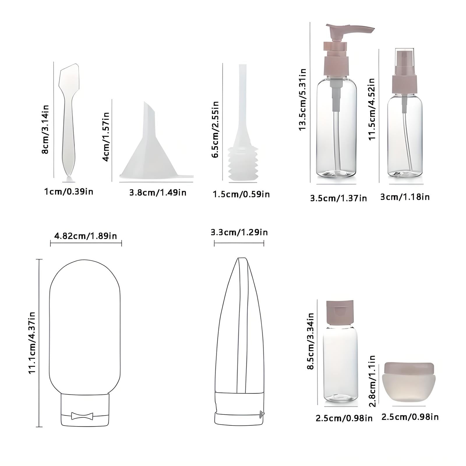 Transparente Reisebehälter-Set aus Kunststoff, verschiedene Größen, mit Spender und Trichter.
