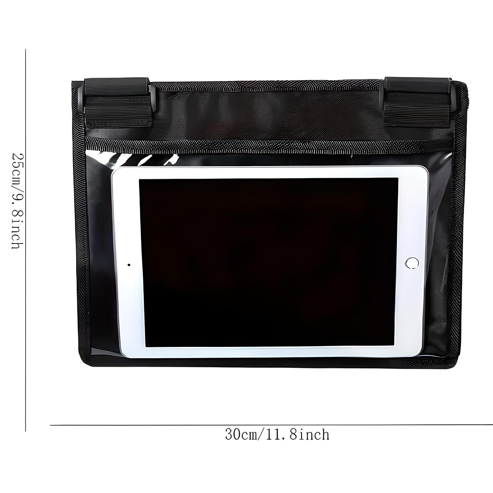 Schwarze wasserdichte Tablet-Tasche, 30x25 cm, mit transparentem Fenster, ideal für Outdoor.