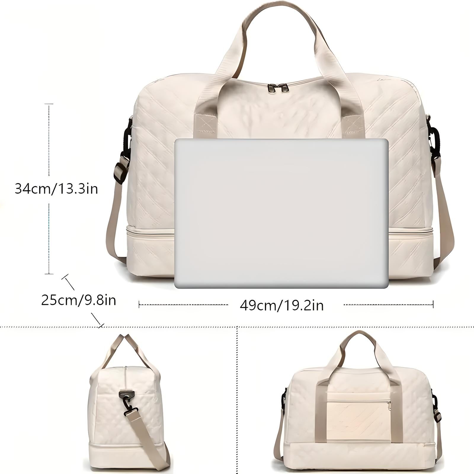 Beige Reisetasche, groß, mit Laptopfach, verstellbarem Schultergurt, ideal für Reisen.