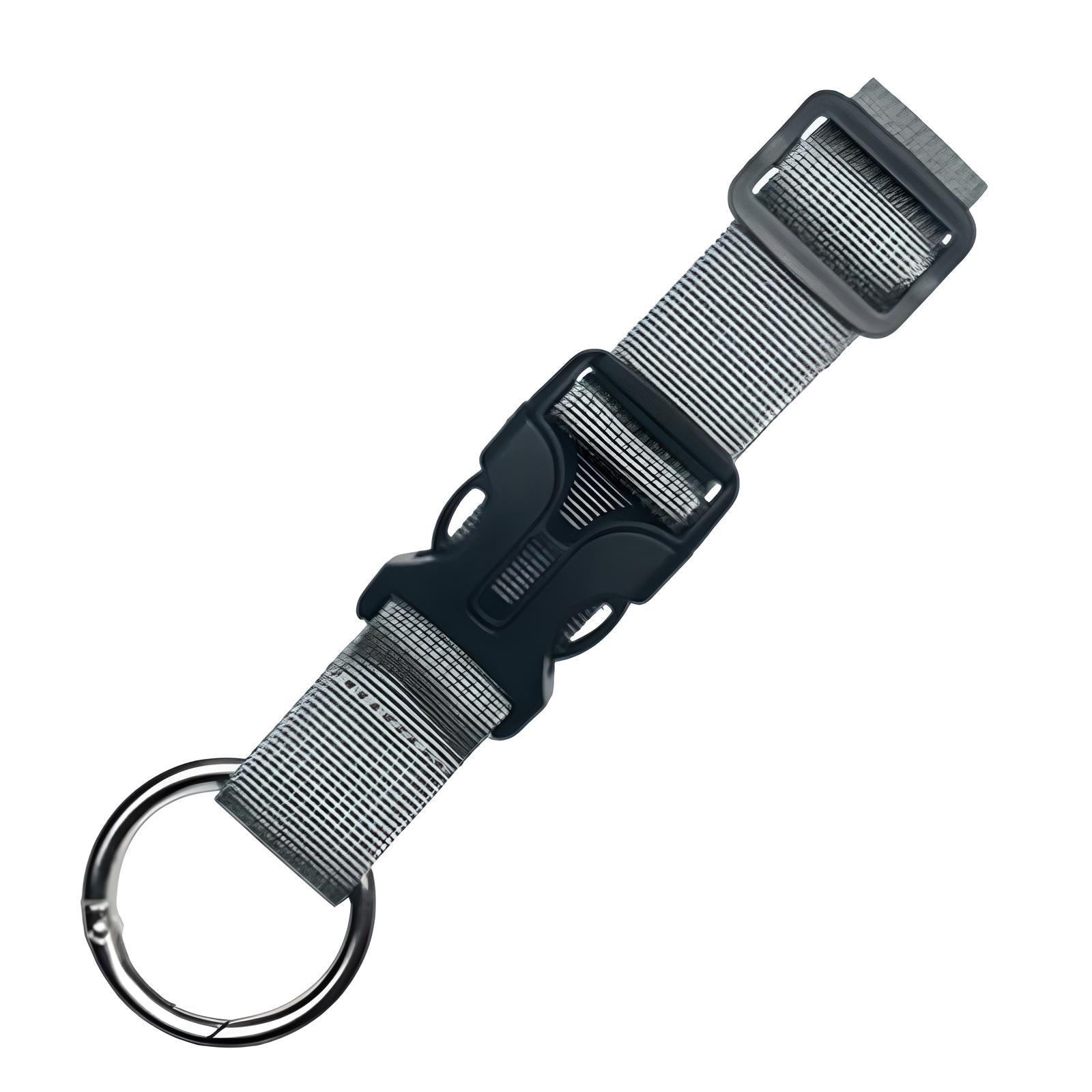 Grauer Schlüsselanhänger mit Schnalle, Metallring, robustes Nylonband, Schlüsselhalter Accessoire.