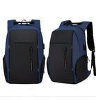 Zwei blaue Rucksäcke mit schwarzen Fronttaschen, ideal für Reisen und Schule.