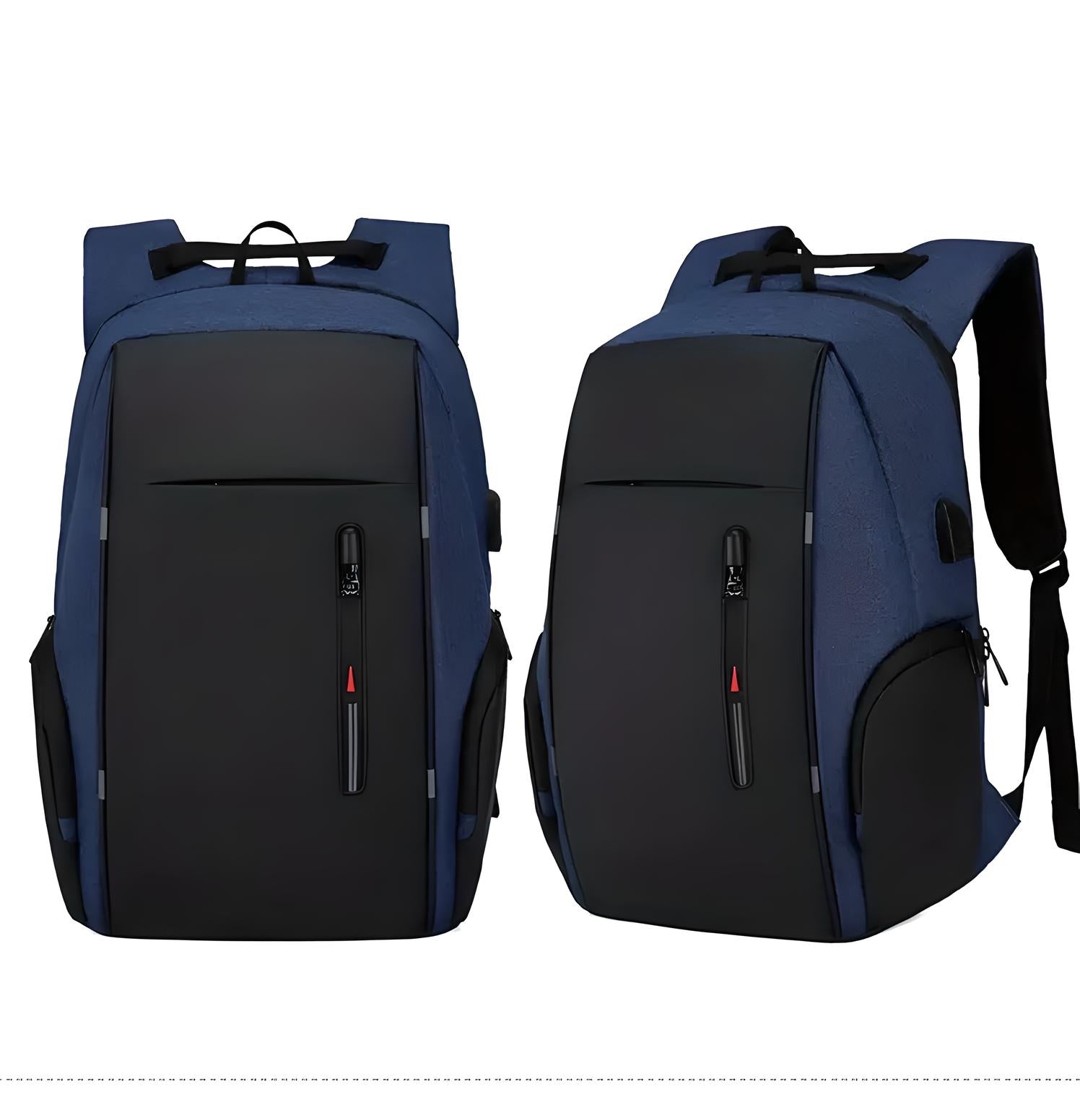 Zwei blaue Rucksäcke mit schwarzen Fronttaschen, ideal für Reisen und Schule.
