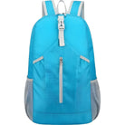 Blauer Rucksack, leicht, wasserabweisend, mit Reißverschlusstasche, ideal für Reisen und Alltag.
