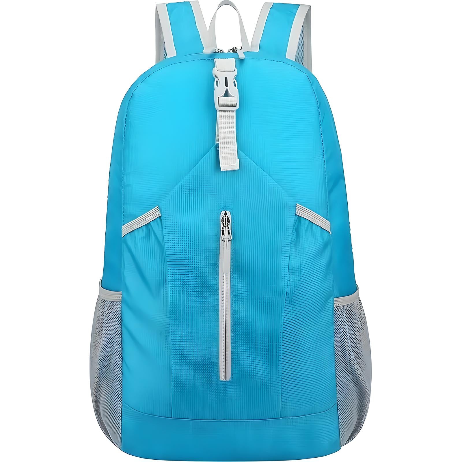 Blauer Rucksack, leicht, wasserabweisend, mit Reißverschlusstasche, ideal für Reisen und Alltag.