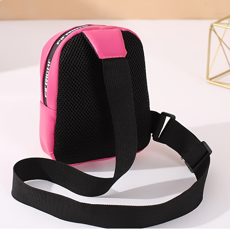 Kleine pinke Umhängetasche mit schwarzem Netzrücken und verstellbarem Gurt, ideal für Reisen und Freizeit. Modisch, praktisch, kompakt.