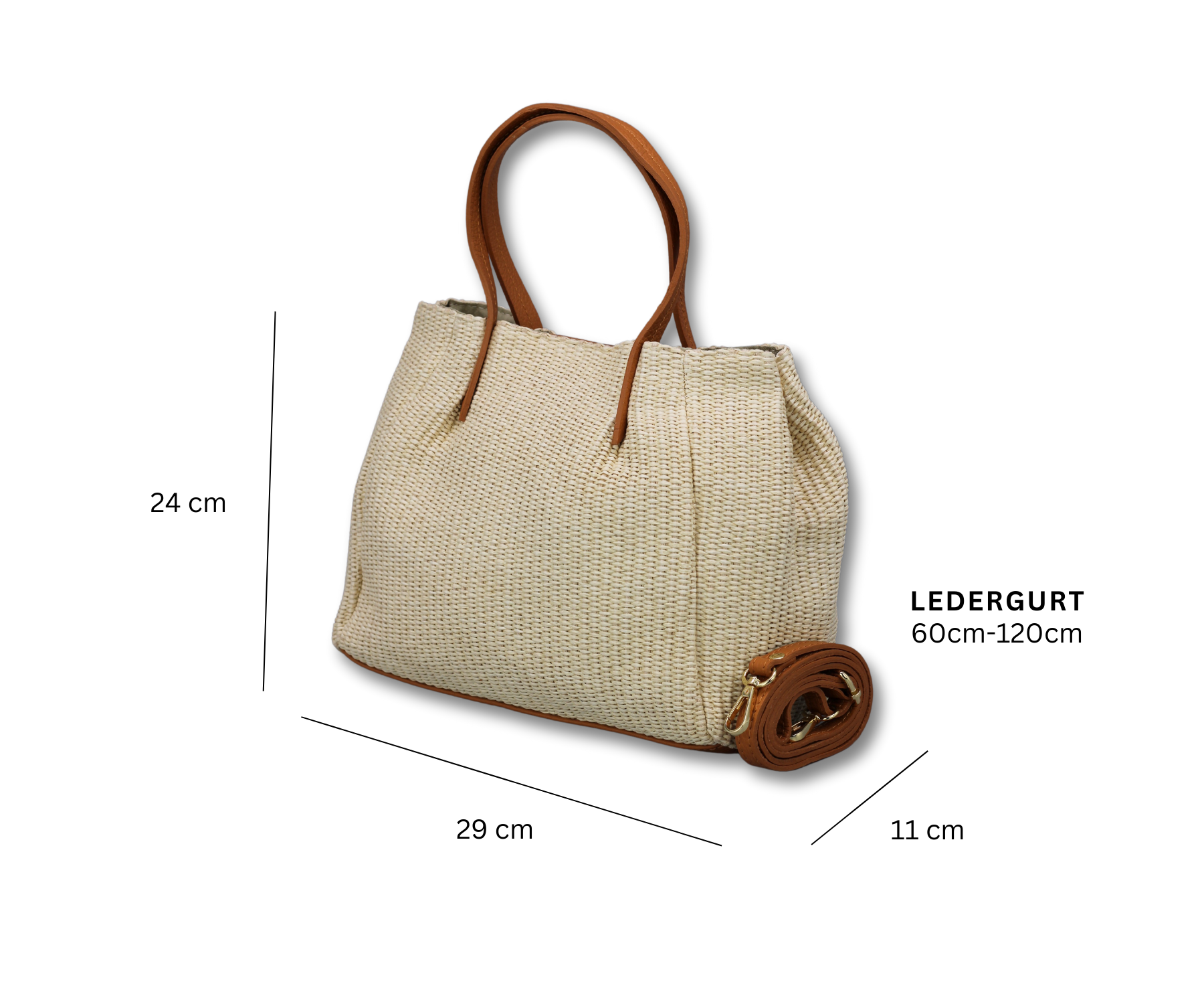 Beige Damenhandtasche aus Stroh mit braunen Ledergriffen, 60-120 cm verstellbarer Ledergurt, 29x24x11 cm, stilvoll und geräumig.