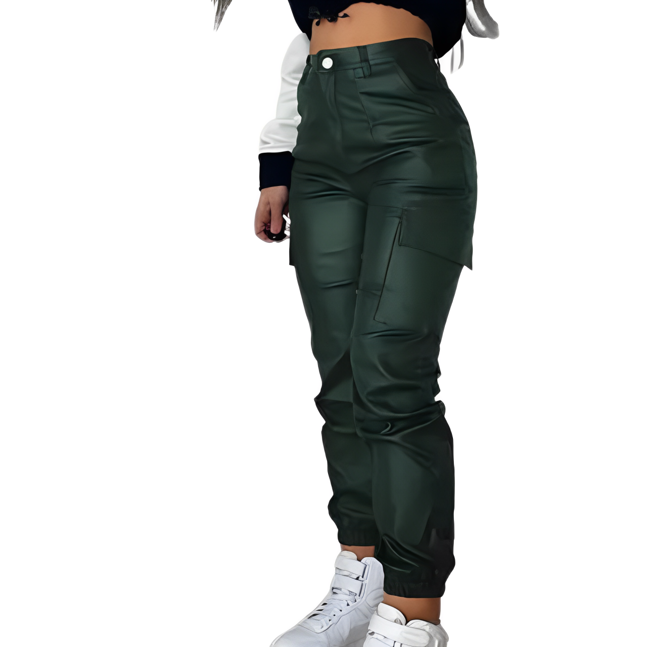 Damen-Cargohose in Dunkelgrün, hoher Bund, seitliche Taschen, modisch, bequem, ideal für Freizeit und Streetwear, kombiniert mit weißen Sneakers.