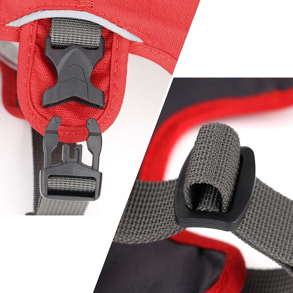 Roter Rucksack mit robustem Schnallenverschluss und verstellbarem Gurt. Ideal für Outdoor-Aktivitäten, Wandern, Reisen. Hochwertige Materialien.