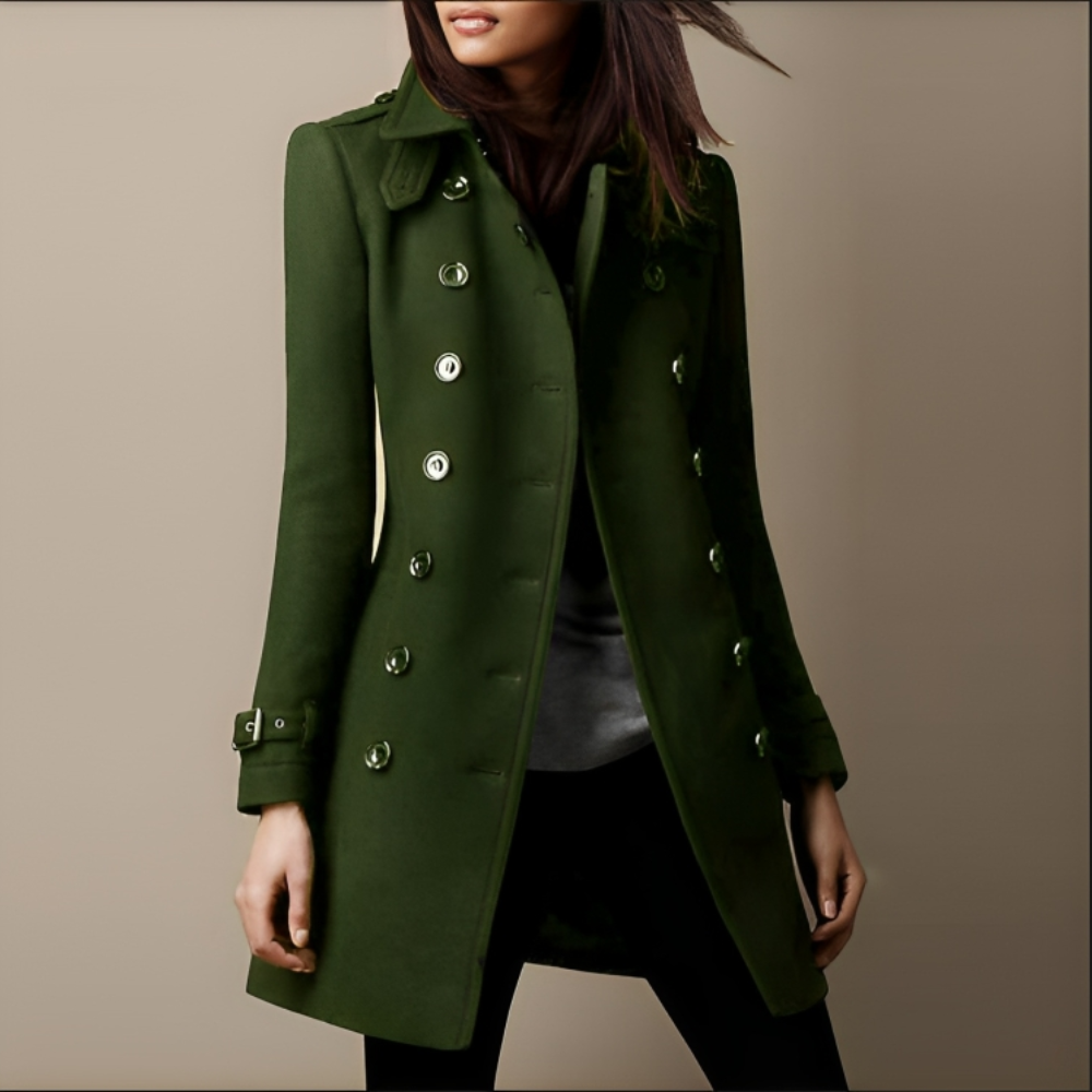 Damenmantel in elegantem Olivgrün, doppelreihig mit Knöpfen, stilvoller Herbst- und Winterlook, modischer Trenchcoat für Damen.