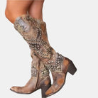 Damen Cowboy-Stiefel mit Nieten, Vintage-Look, braun, kniehoch, ideal für Western-Mode, robustes Design, trendige Damenstiefel.