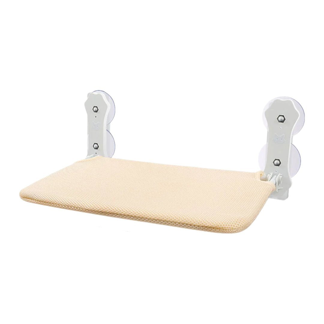 Katzenfensterliege mit Saugnäpfen, beige, stabil und platzsparend. Perfekt für Katzen, um die Aussicht zu genießen. Einfache Montage, robustes Design.