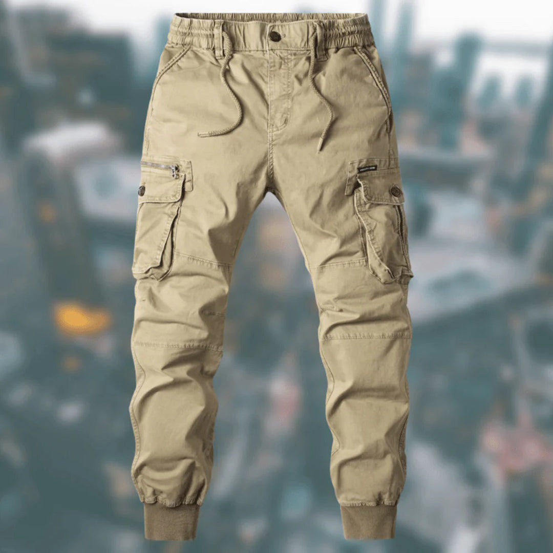 Beige Cargohose Herren, Baumwolle, elastischer Bund, Taschen, urbaner Stil, Freizeitmode