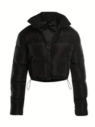 Schwarze, kurz geschnittene Daunenjacke mit Reißverschluss, ideal für Wintermode. Stilvoll, warm und vielseitig für Damenbekleidung.