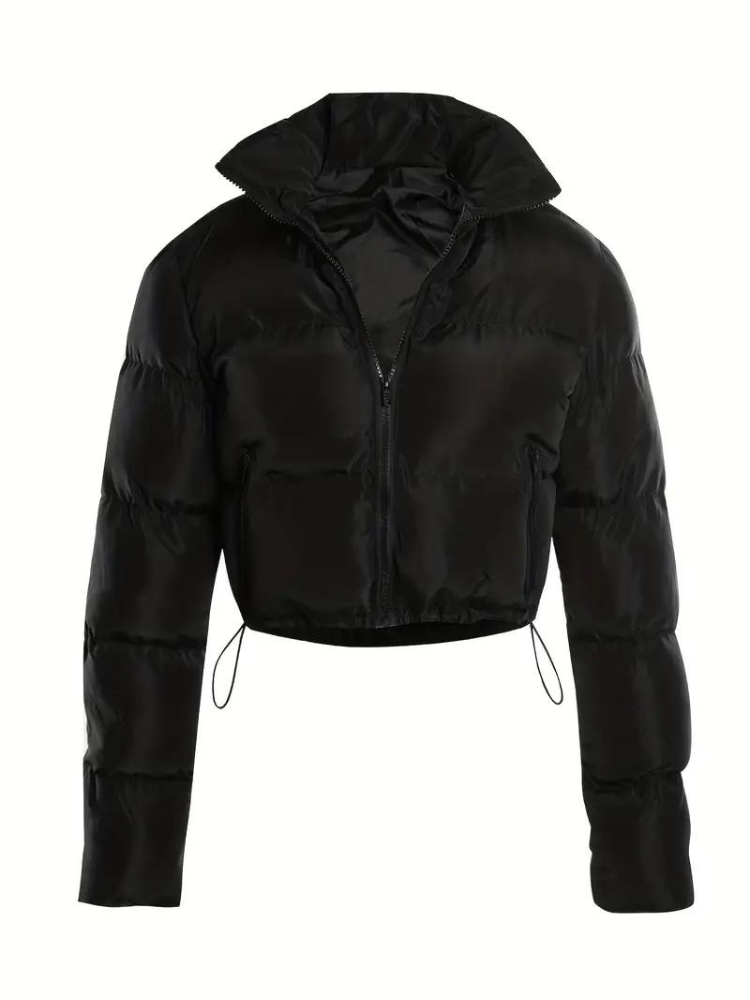 Schwarze, kurz geschnittene Daunenjacke mit Reißverschluss, ideal für Wintermode. Stilvoll, warm und vielseitig für Damenbekleidung.