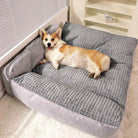 Großes, waschbares Hundebett aus grauem Stoff mit Corgi, ideal für alle Jahreszeiten.