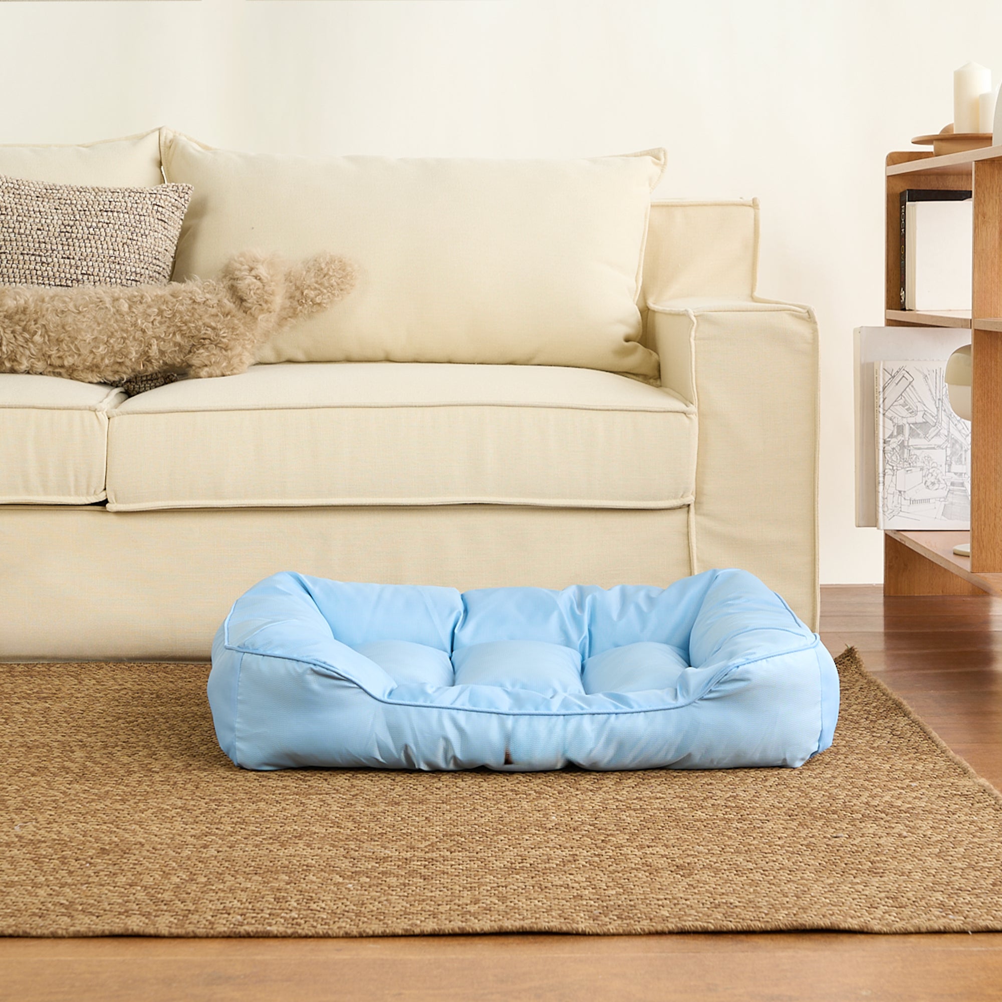 Wasserdichtes Kühl-Haustierbett, mittelgroß, blau, auf Teppich vor beigem Sofa.