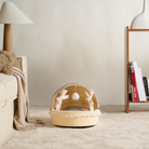 Gemütliches Katzenbett aus Plüsch, beige, mit Spielzeug, ideal für Haustiere, modernes Design.