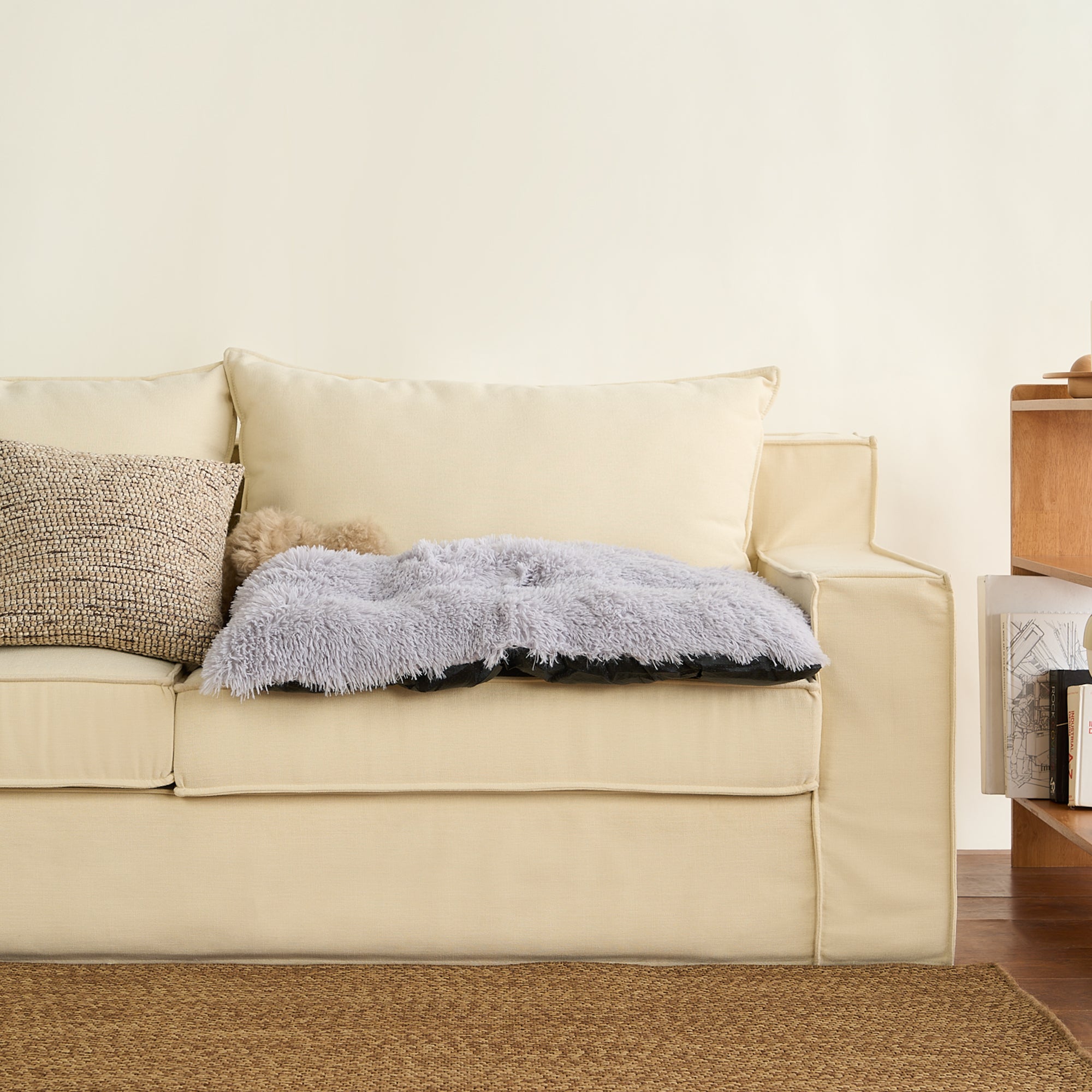 Beige Sofa mit grauer, flauschiger Haustiermatte, gemütliches Wohnzimmer, modernes Design.