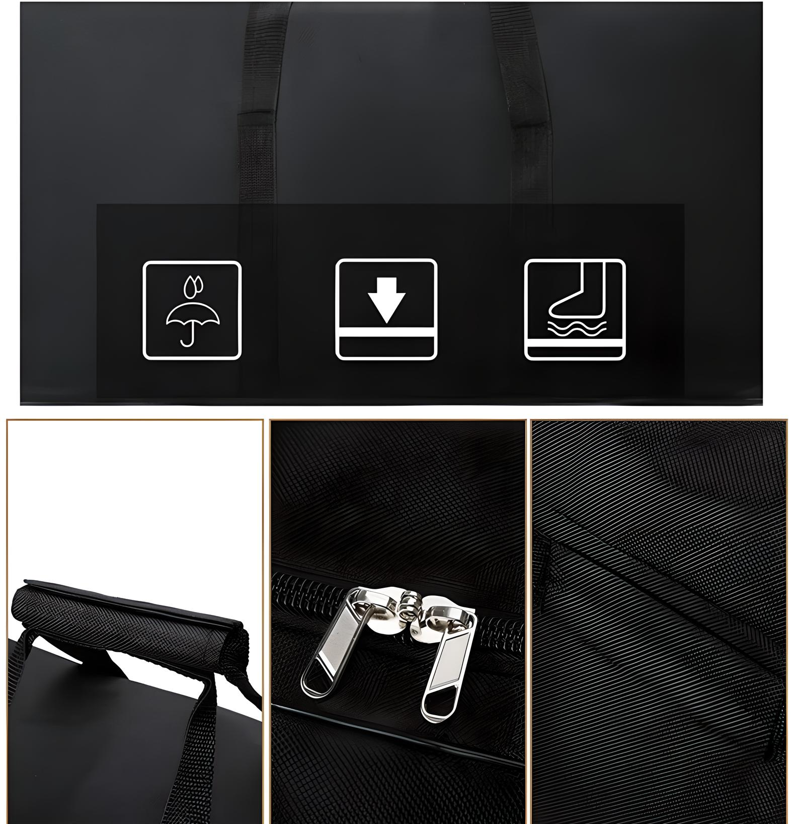 Schwarze wasserdichte Reisetasche mit Reißverschluss, strapazierfähiges Material, große Kapazität.