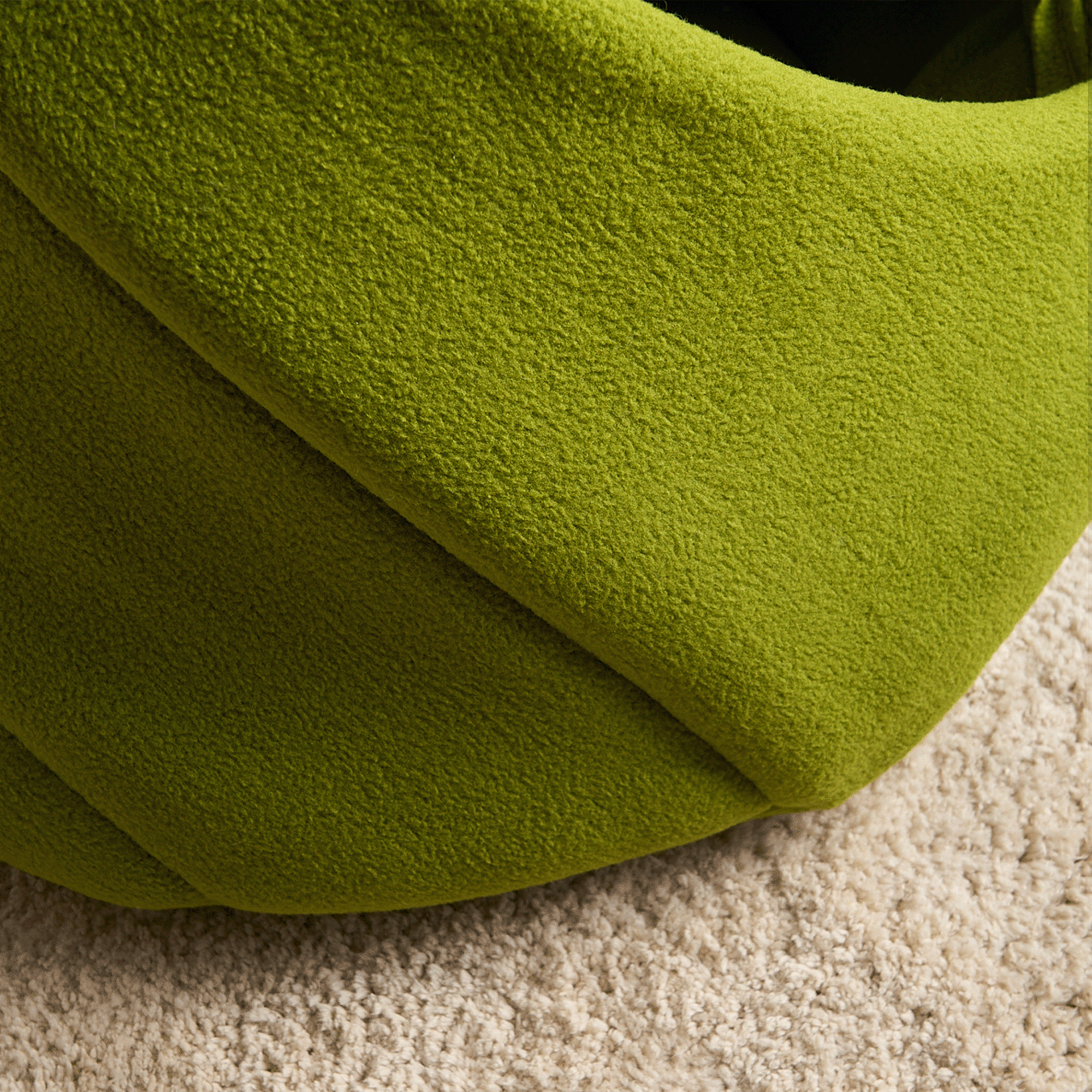Grüne Fleece-Katzenhöhle auf Teppich, gemütlicher Rückzugsort für Katzen.