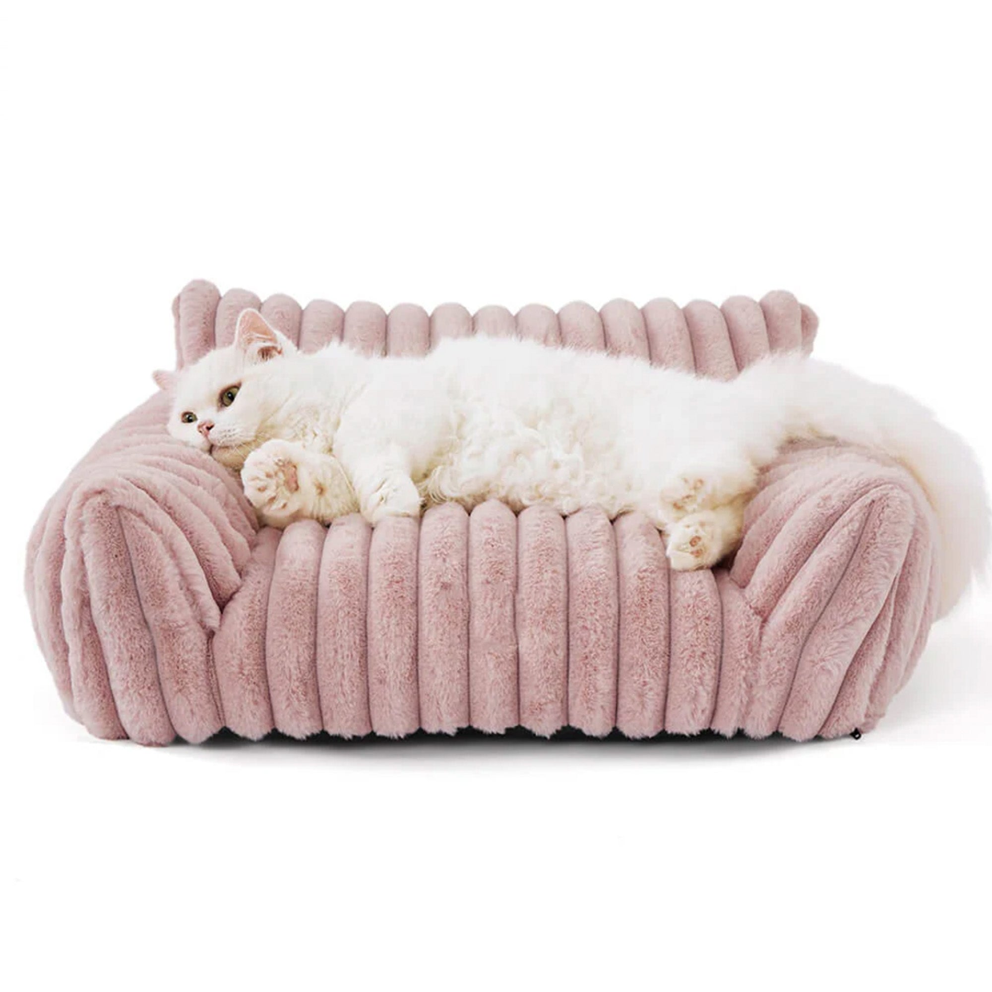 Luxuriöses rosa Kunstfell-Haustierbett, weich und stützend, für Katzen und Hunde.