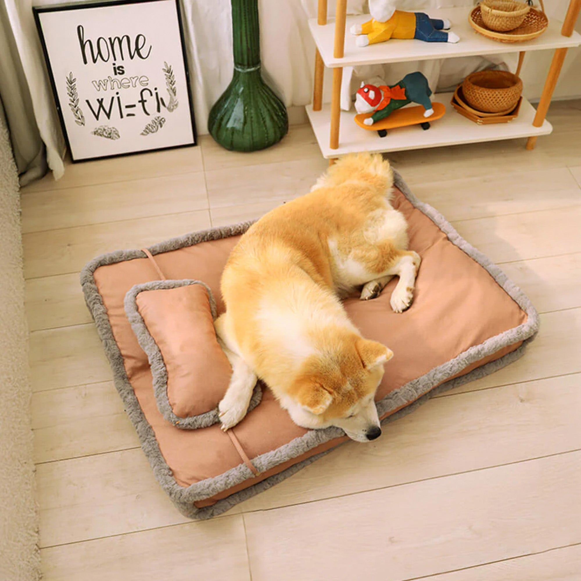 Luxuriöses Retro-Kunstleder-Hundebett mit Kissen, braun, für tiefen Schlaf.