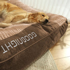Goldener Retriever auf braunem orthopädischen Hundebett, Premium Komfort, Holzfußboden.