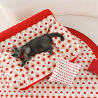 Graue Katze auf rotem Herzmuster-Haustiersofa, Retro-Design, gemütlich, stilvoll, Hundesofa.