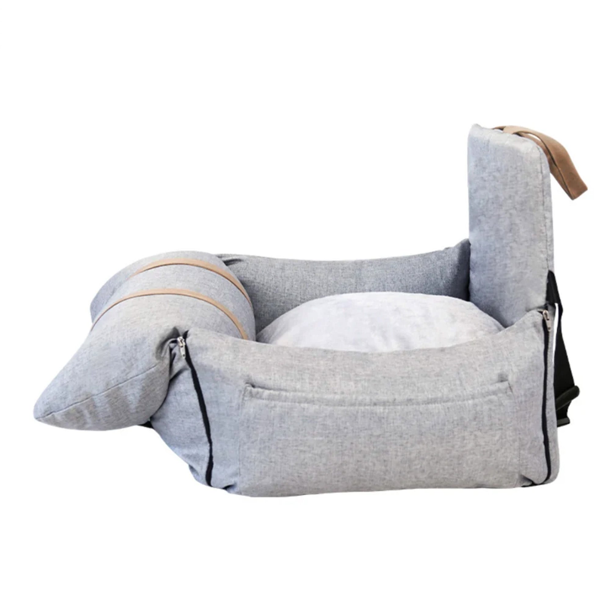 Graues orthopädisches Hundebett, multifunktional, Autositz, Sicherheitsbett für Haustiere.