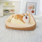 Bequemes orthopädisches Hundebett, beige, Plüsch, hoher Rand, ideal für kleine Hunde.