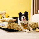 Hund auf gelbem, beruhigendem Waffel-Design Hundebett mit Knochenkissen, gemütlich und stilvoll.