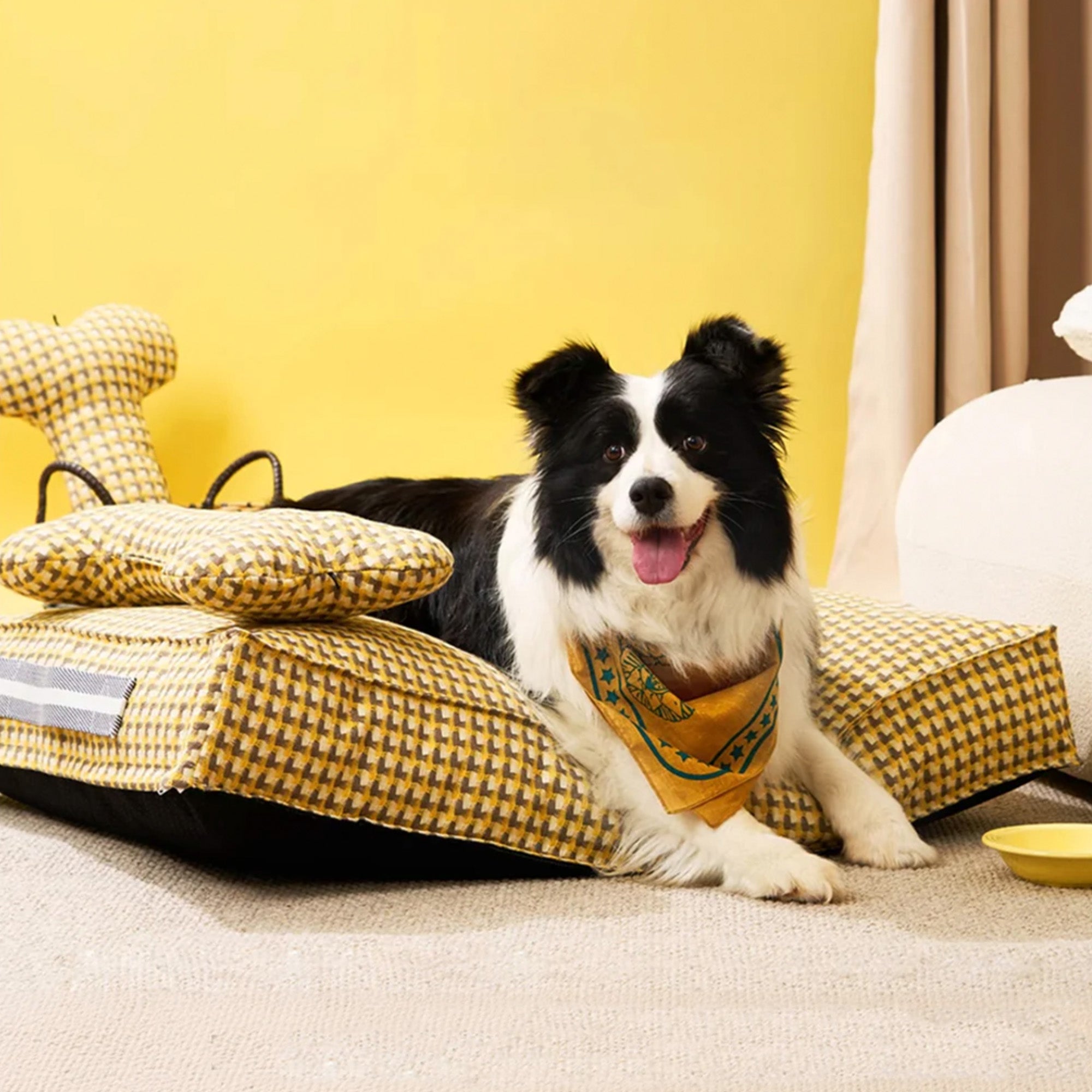 Hund auf gelbem, beruhigendem Waffel-Design Hundebett mit Knochenkissen, gemütlich und stilvoll.