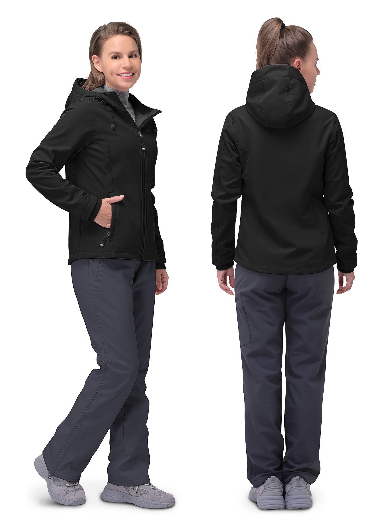 Damen-Softshelljacke in Schwarz, wasserabweisend, atmungsaktiv, ideal für Outdoor-Aktivitäten. Bequeme Passform, modisches Design.