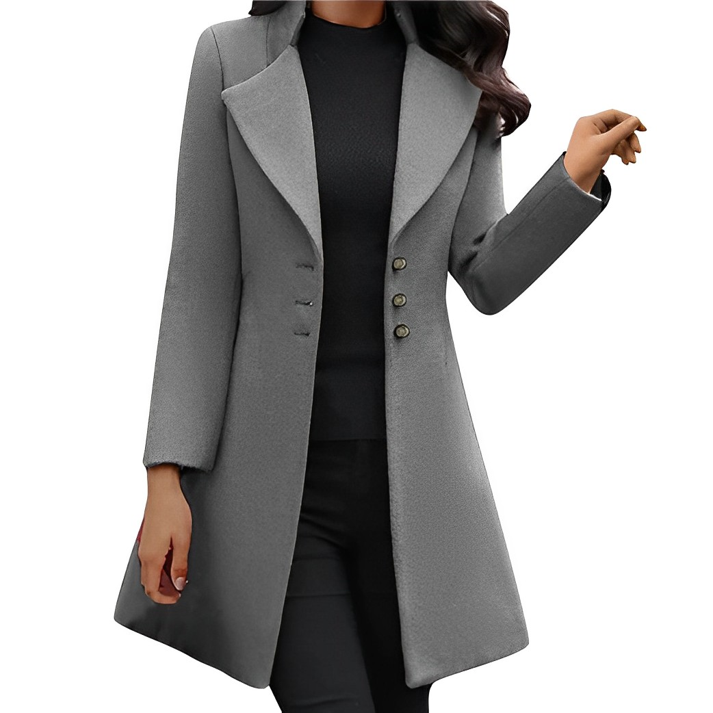 Eleganter grauer Damenmantel mit Knopfleiste, ideal für Herbst und Winter. Stilvoller Wollmantel, perfekt für Business und Freizeit.